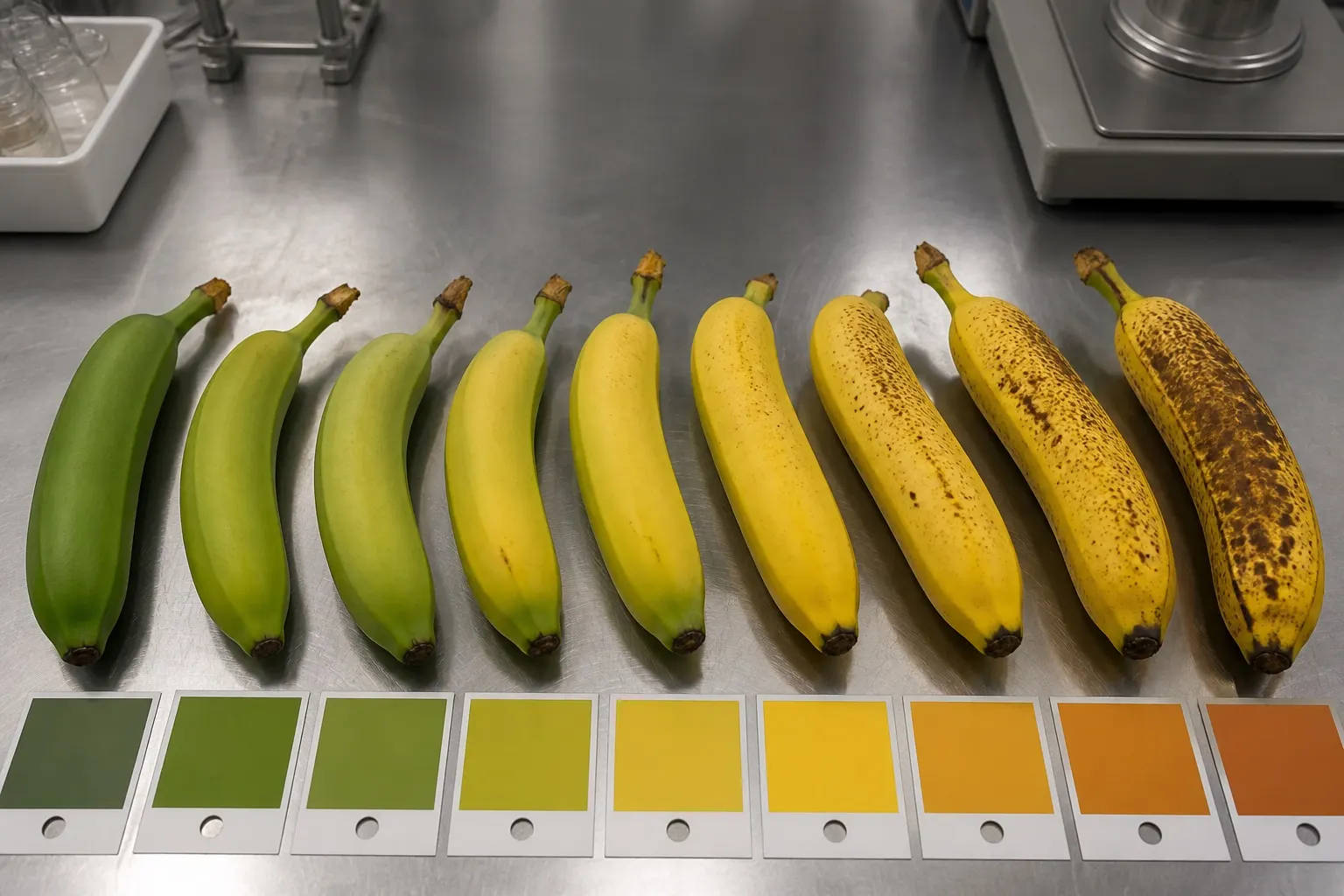 Bananen verschiedener Reifegrade von grün bis gelb auf dem Prüftisch in München